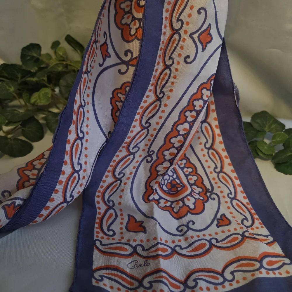 Vintage Carlo Paisley Satin Oblong Scarf Red White Blue Retro Neck Scarf